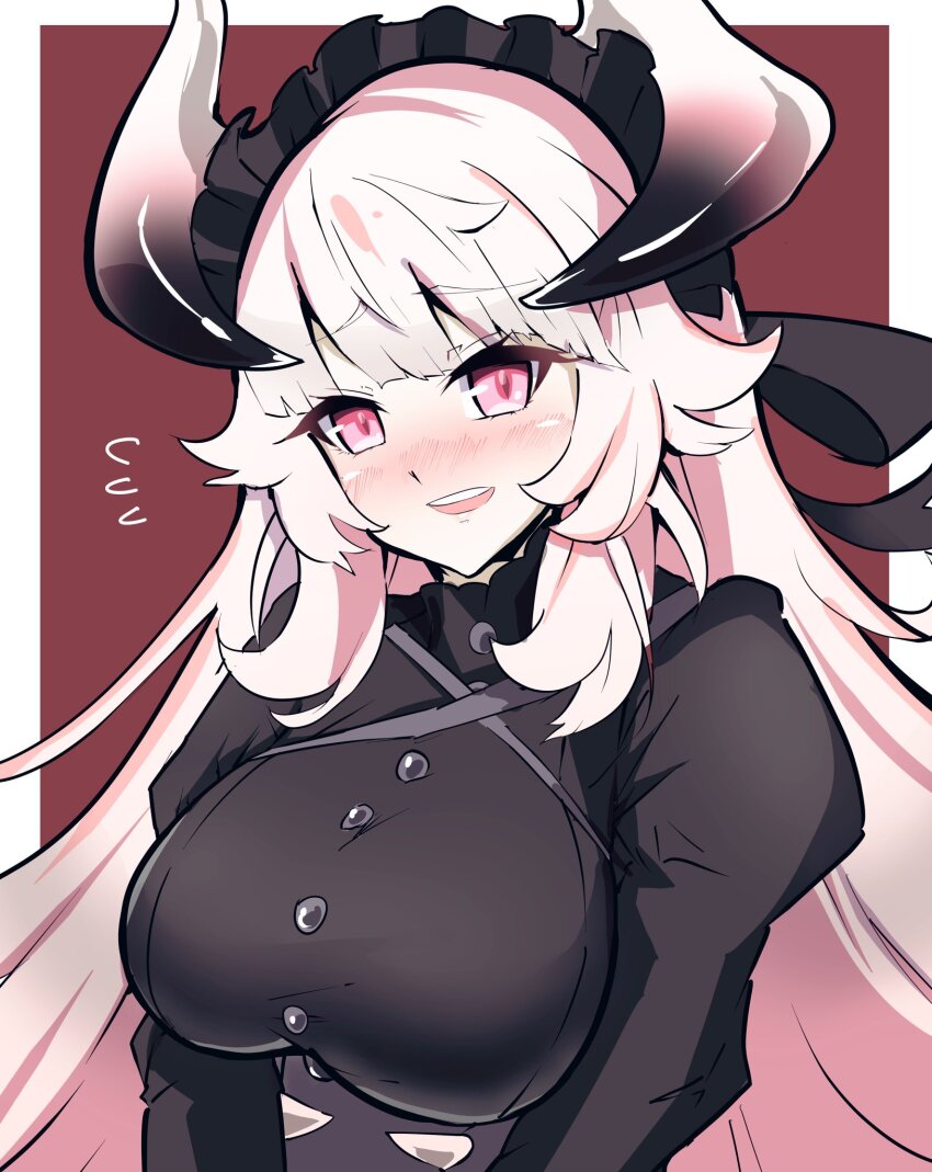 1girl blunt_bangs blush breasts chamber_dragonmaid dragon_girl dragon_horns highres horns large_breasts long_hair long_sleeves looking_at_viewer maid maid_headdress open_mouth pink_eyes puffy_long_sleeves puffy_sleeves smile solo synchroman upper_body white_hair yu-gi-oh!