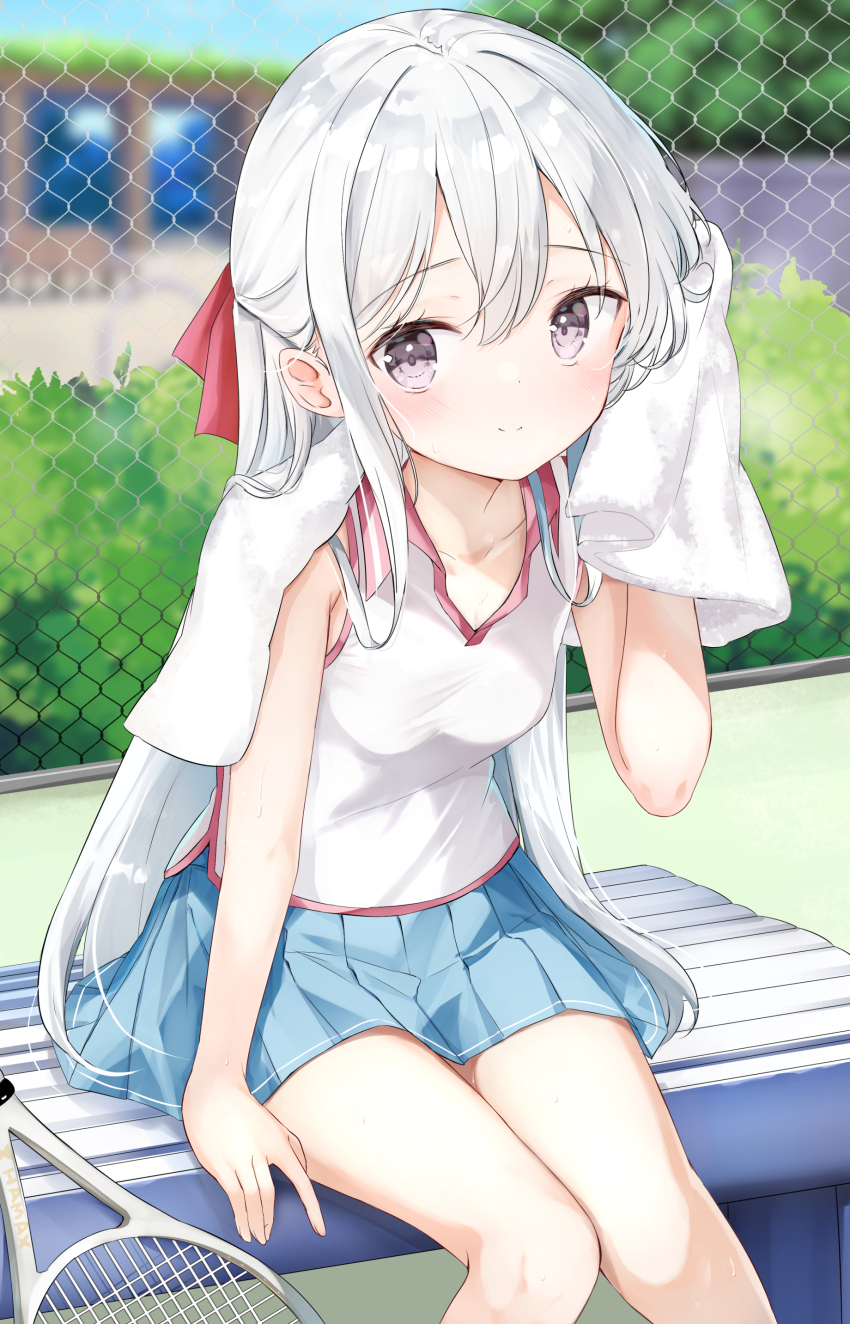 1girl absurdres blue_skirt breasts chain-link_fence closed_mouth commentary_request fence hamaken._(novelize) highres long_hair looking_at_viewer miniskirt original outdoors paid_reward_available pleated_skirt purple_eyes racket shirt sitting skirt sleeveless sleeveless_shirt small_breasts smile solo sportswear tennis_racket tennis_uniform towel white_hair white_shirt
