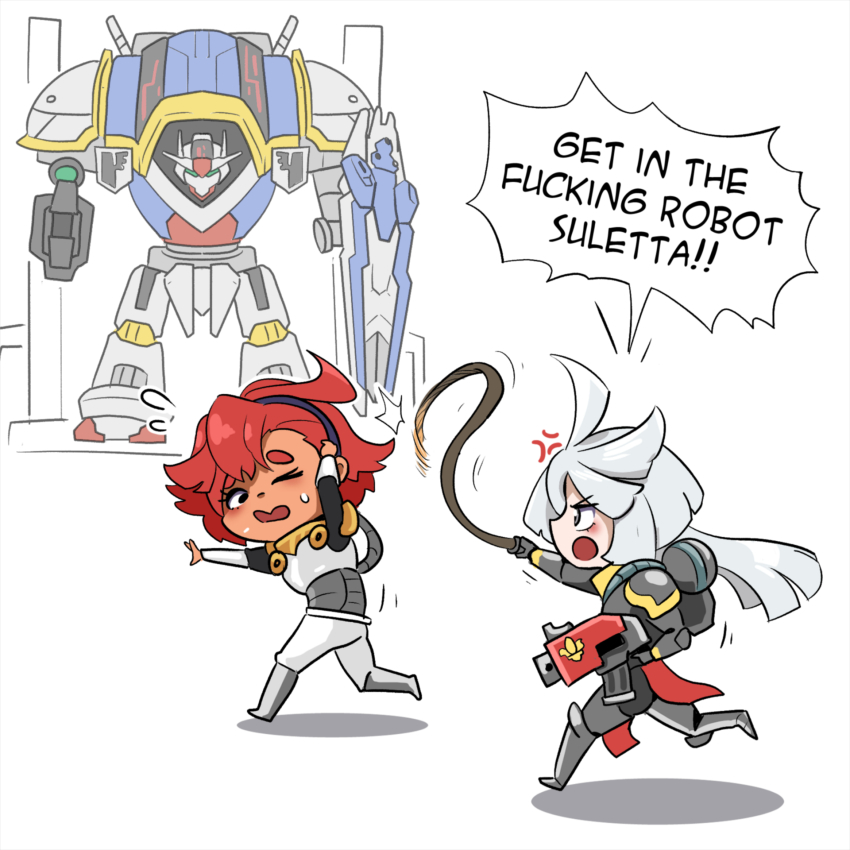 2girls adepta_sororitas anger_vein black_hairband bolter chibi commentary english_commentary english_text fleeing full_body gun gundam gundam_suisei_no_majo hairband highres holding holding_gun holding_weapon holding_whip imperial_knight long_hair looking_at_another looking_back mick19988 miorine_rembran multiple_girls parody profanity red_hair shadow speech_bubble suletta_mercury sweatdrop titan_(warhammer_40k) warhammer_40k weapon whip