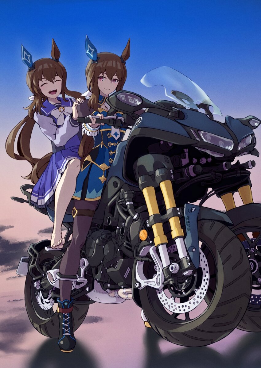 2girls admire_vega&#039;s_twin_sister_(umamusume) admire_vega_(umamusume) animal_ears black_boots boots bow bowtie brown_hair closed_eyes ear_covers gradient_background ground_vehicle highres horse_ears horse_girl horse_tail long_hair long_sleeves low_ponytail motor_vehicle motorcycle multiple_girls necktie on_motorcycle pantyhose ponytail purple_eyes reverse_trike sailor_collar school_uniform shirt siblings skirt smile tagme tail tenkey2022 thigh_strap three-wheeler tracen_school_uniform twins two-tone_background umamusume white_boots white_bow white_bowtie white_necktie yamaha yamaha_tricity