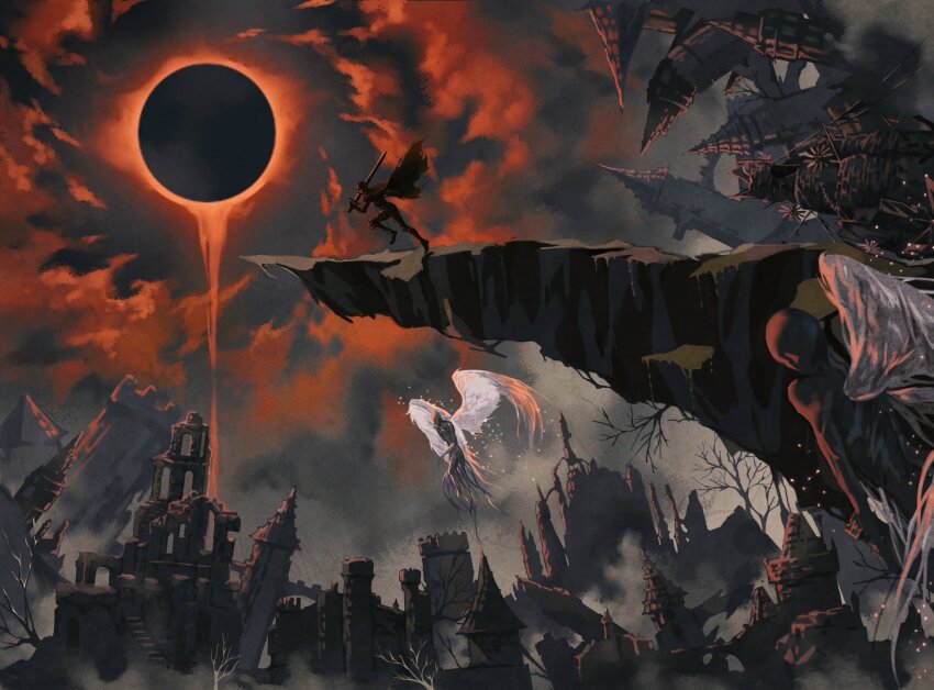 3others ambiguous_gender angel_(dark_souls_iii) armor ashen_one_(dark_souls) bald bare_tree cape dark_souls_(series) dark_souls_iii darksign_(dark_souls) feathered_wings from_side helm helmet highres holding holding_sword holding_weapon mountain multiple_others red_cape ruins running sword tagme torn_cape torn_clothes tree weapon wings yujia0412