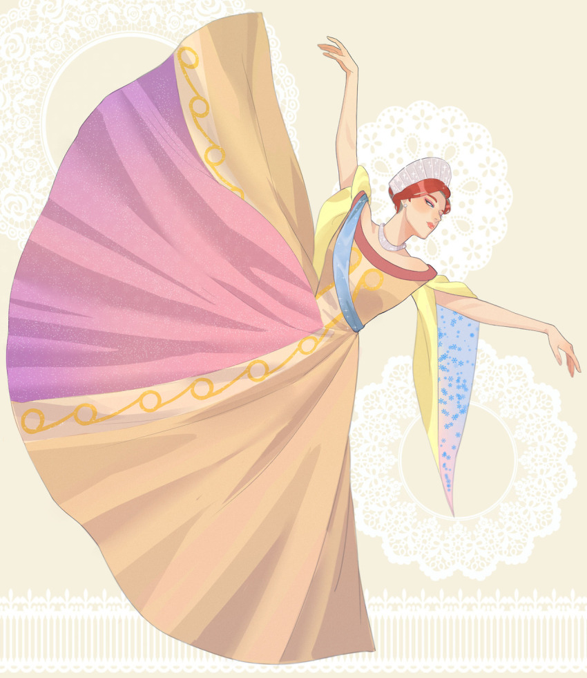 1girl anastasia_(1997) anya_(anastasia) arms_up blue_eyes commentary_request crown dress earrings eyeshadow full_body hair_bun highres jewelry leg_up long_hair makeup necklace pearl_earrings penginius pink_dress red_hair russian_commentary solo wide_sleeves yellow_dress