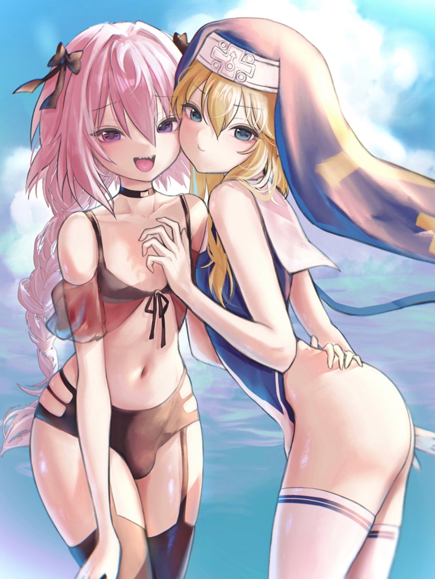 2boys :d ass astolfo_(fate) azulasi bikini black_bikini black_choker black_ribbon black_thighhighs blonde_hair blue_leotard blue_sky blush braid bridget_(guilty_gear) bulge choker cloud collarbone commentary_request crossdressing double-parted_bangs fang fate/grand_order fate_(series) garter_straps guilty_gear hair_between_eyes hair_ribbon highleg highleg_leotard highres leotard long_hair male_focus mars_symbol multiple_boys navel nun open_mouth outdoors pink_hair purple_eyes ribbon sailor_collar sidelocks single_braid sky smile stomach swimsuit teeth thighhighs tongue trap upper_teeth_only very_long_hair white_sailor_collar white_thighhighs