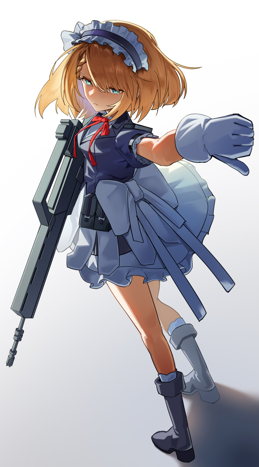 1girl absurdres ammunition_pouch aoi_wakashi_chiyo apron assault_rifle black_boots blonde_hair blue_eyes boots bow braid centaureissi_(girls&#039;_frontline_2) g36_(girls&#039;_frontline) girls&#039;_frontline girls&#039;_frontline_2:_exilium gloves gun h&amp;k_g36 highres holding holding_gun holding_weapon knee_boots looking_at_viewer looking_back maid_apron maid_headdress medium_hair pouch rifle short_sleeves solo standing thumbs_down waist_bow weapon white_apron white_gloves