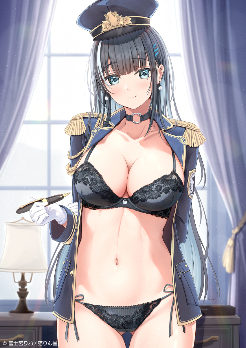 1girl black_bra black_hair black_panties blue_eyes blue_jacket bra breasts choker cleavage colored_inner_hair curtains desk desk_lamp fujinomiya_rio gloves gluteal_fold hat highres holding holding_pen indoors jacket lace lace_bra lace_panties lamp large_breasts lingerie long_hair long_sleeves looking_at_viewer military_uniform multicolored_hair navel o-ring o-ring_choker open_clothes original panties pen single_sidelock smile solo standing straight_hair streaked_hair underwear white_gloves white_stripes window