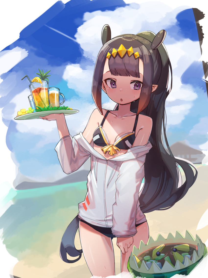 1girl absurdres beach bikini black_bikini blunt_bangs blush bongnom breasts cloud collarbone cowboy_shot cup day drink drinking_glass food fruit gradient_hair hand_up highres holding holding_plate hololive hololive_english jacket long_hair long_sleeves multicolored_hair ninomae_ina&#039;nis orange_hair outdoors plate ponytail purple_eyes purple_hair sidelocks sky small_breasts solo swimsuit tentacle_hair virtual_youtuber watermelon white_jacket