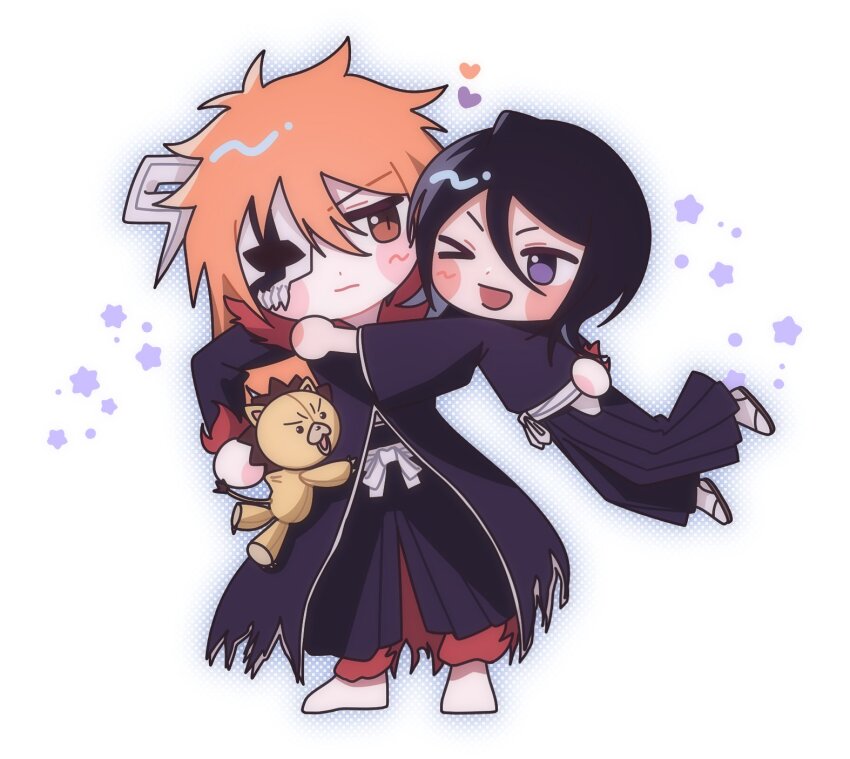 &gt;_&lt; 1boy 1girl ;d black_hair black_hakama black_kimono bleach bleach:_sennen_kessen-hen blush_stickers brown_eyes chibi chibi_only closed_mouth commentary_request couple demon_horns double-parted_bangs full_body gwao_(_ul_13) hair_between_eyes hakama happy hetero highres hollow_mask horn_of_salvation horns hug japanese_clothes jitome jumping kimono kon_(bleach) korean_commentary kuchiki_rukia kurosaki_ichigo long_sleeves looking_at_another looking_to_the_side one_eye_closed one_eye_covered open_mouth orange_hair purple_eyes shihakusho short_hair simple_background smile spiked_hair standing stuffed_animal stuffed_lion stuffed_toy v-shaped_eyebrows white_background wide_sleeves
