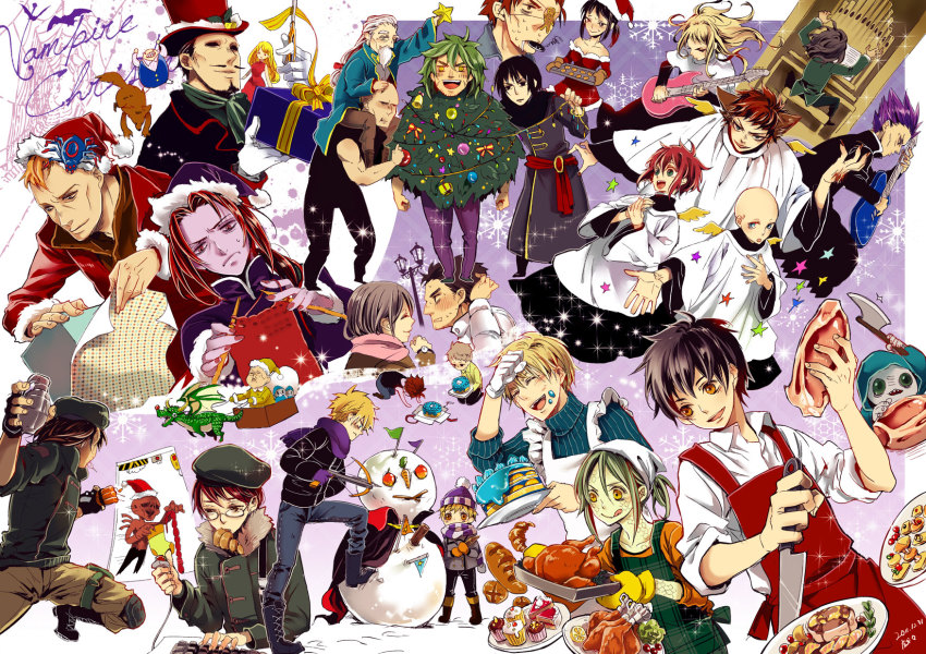 6+boys 6+girls arra_sails arrow_(darren_shan) bald bec_mcconn beranabus black_hair blonde_hair bug character_request christmas christmas_ornaments christmas_tree creator_connection croissant crossover cupcake darius_shan dark_skin darren_shan dervish_grady eating evra_von explosive fangs food gannen_harst gavner_purl green_hair grenade grubitsch_grady guitar harkat_mulds hat hibernius_tall highres hys122211 instrument kernel_fleck knife kurda_smahlt larten_crepsley liz_carr lord_loss madam_octa meera_flame mika_ver_leth mr._larten_crepsley multiple_boys multiple_girls necktie old old_man open_mouth paris_skyle piano ponytail red_hair shark_(the_demonata) short_hair smile snowman spider steve_leonard stitched_face stitches the_demonata the_saga_of_darren_shan timas_brauss tongue tongue_out vancha_march vanez_blane