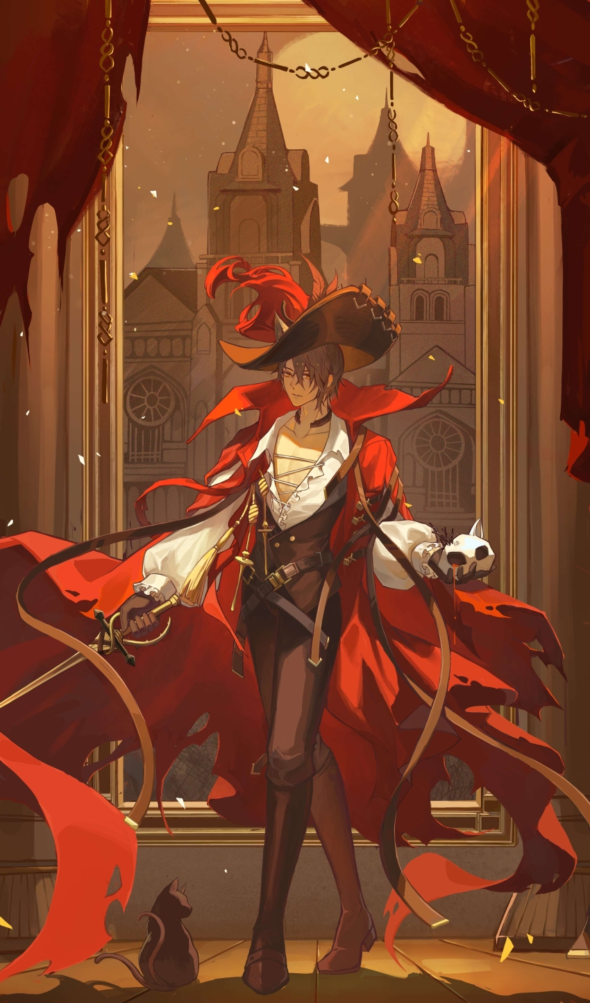 1boy absurdres actor animal_ears arknights belt black_boots black_cat black_gloves black_hair black_hat blood blood_drip blouse boots cape cat cat_boy cat_ears chinese_commentary miss_christine_(arknights) collarbone collared_cape commentary crossed_legs curtains ears_through_headwear european_architecture gloves hair_between_eyes hat hat_feather highres holding holding_skull holding_sword holding_weapon infection_monitor_(arknights) knee_boots large_hat long_sleeves male_focus multiple_belts official_alternate_costume open_clothes open_shirt painting_(object) pectorals phantom_(arknights) phantom_(focus)_(arknights) picture_frame puffy_long_sleeves puffy_sleeves rapier red_cape red_curtains shirt short_hair skull slit_pupils solo stage stage_curtains standing sword toned toned_male torn_cape torn_clothes torn_curtains vest waistcoat watson_cross weapon weimingweiran white_shirt wooden_floor yellow_eyes