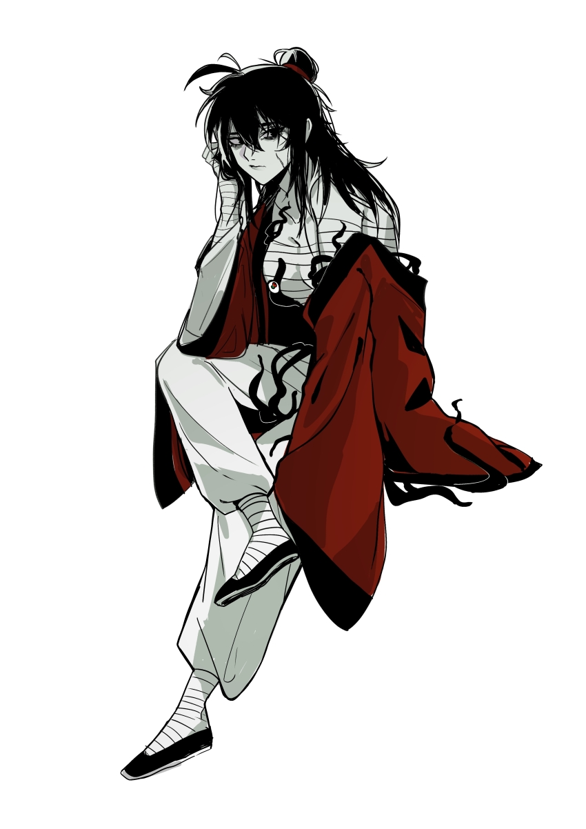 1girl absurdres ahoge bags_under_eyes bandaged_arm bandaged_chest bandaged_foot bandaged_hand bandaged_leg bandages black_eyes black_hair black_shoes breasts chest_sarashi chinese_clothes chinese_commentary cleavage closed_mouth coat coat_partially_removed creature crossed_legs dao_gui_yi_xian eyeball full_body genderswap genderswap_(mtf) hair_between_eyes hair_bun hand_up hanfu highres holding holding_own_hair invisible_chair li_huowang li_sui_(tentacles) limited_palette long_hair long_sleeves looking_at_viewer medium_breasts messy_hair off_shoulder open_clothes open_coat pants red_coat sarashi sash scar scar_on_face shoes sidelocks simple_background single_bare_shoulder single_hair_bun sitting solo spot_color tentacles tentacles_under_clothes white_background white_pants wide_sleeves wuzi3742