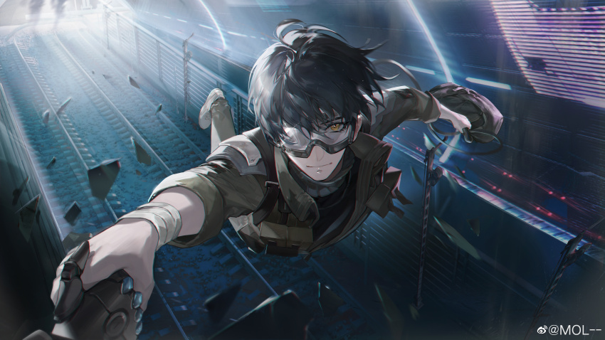 2boys absurdres bag black_hair black_shirt floating full_body goggles grey_bag grey_jacket grey_pants hanging_on highres holding holding_bag holding_hands jacket lee_(pgr) looking_at_viewer male_focus mechanical_arms mol-- multiple_boys noan_(pgr) official_art pants partially_opaque_goggles pov pov_hands punishing:_gray_raven railing railroad_tracks shards shirt short_hair smile solo_focus watermark weibo_watermark white_footwear yellow_eyes