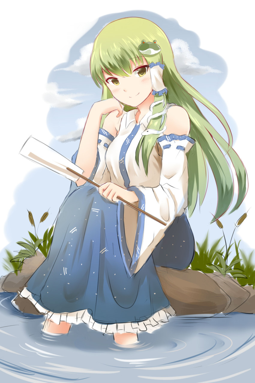 1girl absurdres bad_id bad_pixiv_id blush cloud colorized detached_sleeves female_focus frog_hair_ornament gohei green_hair hair_ornament hair_tubes highres japanese_clothes kochiya_sanae long_hair long_sleeves looking_at_viewer miko oonusa partially_submerged shirt sitting sketch skirt sky smile snake_hair_ornament soaking_feet solo touhou ucukrtz water wide_sleeves yellow_eyes