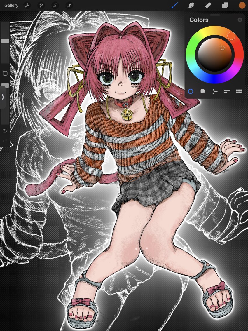 1girl absurdres alternate_costume art_program_in_frame cat_tail collar collarbone green_eyes grey_panties grey_sandals grey_skirt hair_ears hair_intakes hair_ribbon hair_rings hedprotag highres looking_at_viewer muv-luv nail_polish panties red_collar red_nails ribbon sandals sitting skirt smile smug solo striped_clothes striped_sweater sweater tail tamase_miki toenail_polish toenails underwear yellow_ribbon