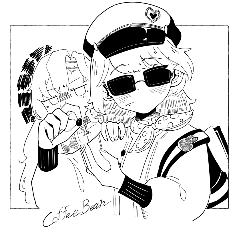 2boys 37_(reverse:1999) behind_another coffee_beans daku_k english_text facing_viewer glint hand_on_another&#039;s_shoulder hands_up hat highres holding inset_border jacket lineart long_sleeves multiple_boys newsboy_cap open_clothes open_jacket polka_dot_neckerchief puffy_long_sleeves puffy_sleeves regulus_(reverse:1999) reverse:1999 short_hair squiggle sunglasses upper_body white_background