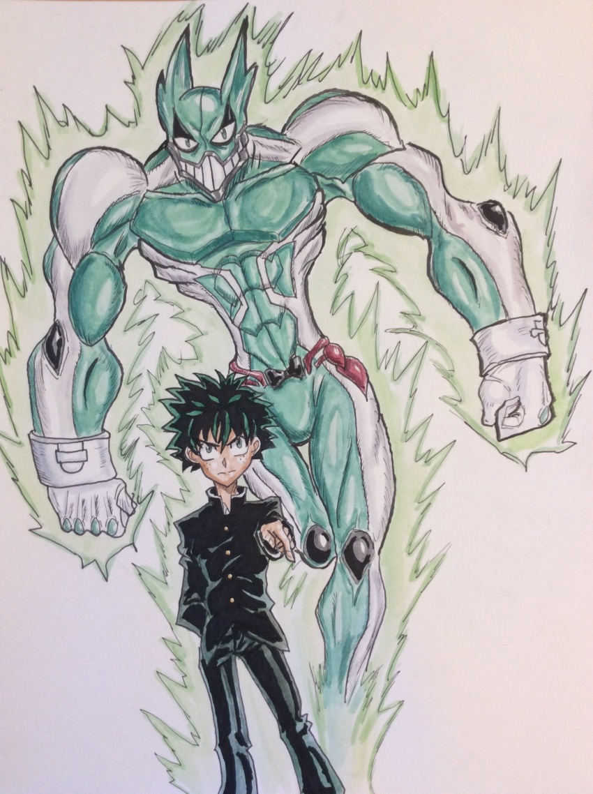 absurdres boku_no_hero_academia crossover deku green_hair highres jojo_no_kimyou_na_bouken kuujou_joutarou male_focus midoriya_izuku musclecar narrow_waist navy painting_(medium) school_uniform self-upload skin_tight spiked_hair stand_(jojo) standing theultratom traditional_media v-shaped_eyebrows watercolor_(medium)