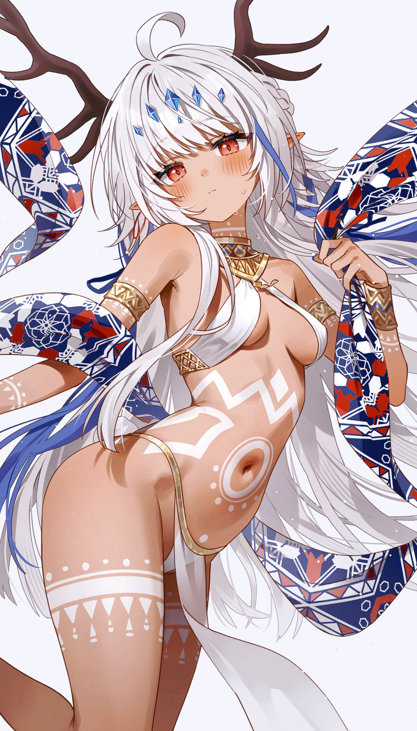 1girl absurdres ahoge ancient_egyptian_clothes armlet armpit_crease bare_shoulders bodypaint braid breasts closed_mouth collar fymrie hair_branch hair_ornament hand_up highres jewelry long_hair looking_at_viewer navel original pelvic_curtain pointy_ears red_eyes revealing_clothes sash sling_bikini_top small_breasts solo stomach sweat thighs very_long_hair white_hair