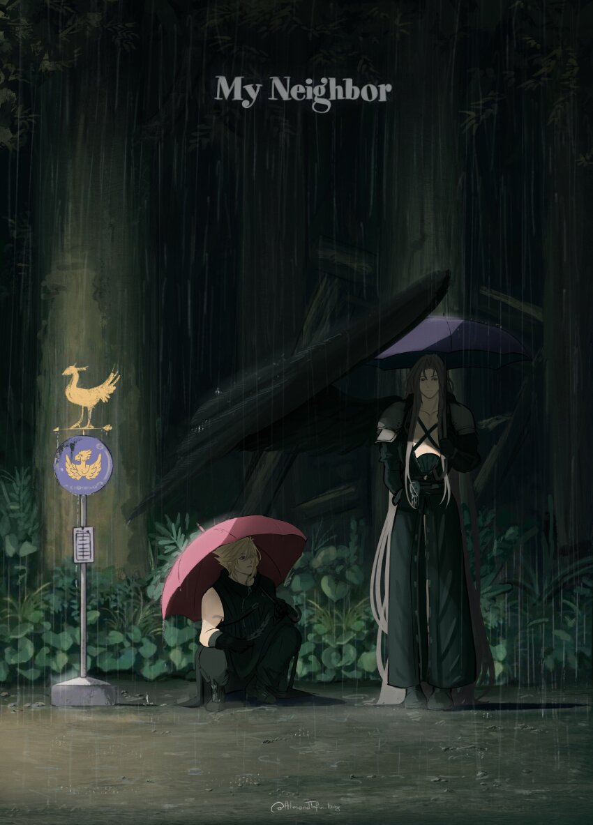 2boys absurdres almondtofu_boy black_wings blonde_hair blue_umbrella bus_stop bus_stop_sign chocobo commentary english_commentary english_text final_fantasy final_fantasy_vii final_fantasy_vii_remake forest grey_hair highres holding holding_umbrella long_hair looking_at_another male_focus multiple_boys nature night outdoors parody rain red_umbrella road_sign scene_reference short_hair sign single_wing squatting standing tonari_no_totoro totoro_bus_stop umbrella wings