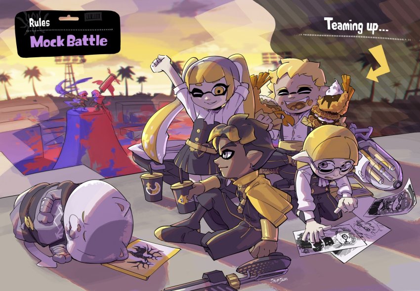 2girls 4boys arm_rest artist_name ascot ballpoint_splatling_(splatoon) black_hair blonde_hair brown_eyes cape capelet cat claude_von_riegan cosplay cup dark-skinned_male dark_skin dimitri_alexandre_blaiddyd disposable_cup earrings eating edelgard_von_hresvelg english_text fake_screenshot fire_emblem fire_emblem:_three_houses flag flingza_roller_(splatoon) food garreg_mach_monastery_uniform glasses gradient_hair hero_charger_(splatoon) highres hilda_valentine_goneril ignatz_victor inkbrush_(splatoon) inkling_player_character jewelry judd_(splatoon) kneeling looking_at_another male_byleth_(fire_emblem) male_byleth_(fire_emblem)_(cosplay) matching_hair/eyes multicolored_hair multiple_boys multiple_girls nintendo one_eye_closed pointy_ears raphael_kirsten shrimp shrimp_tempura sitting splatoon_(series) splatoon_2 stretching stup-jam tempura tentacle_hair twintails waffle yellow_cape yellow_eyes