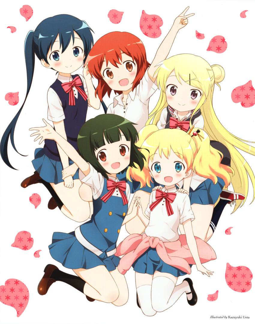 5girls :d absurdres alice_cartelet arm_up artist_name black_shoes black_socks black_vest blonde_hair blue_eyes blue_hair blue_skirt blue_vest blush bow bowtie brown_eyes brown_hair brown_shoes buttons cardigan cardigan_around_waist closed_mouth clothes_around_waist collared_shirt double-breasted fang full_body green_hair hair_bun hair_ornament hairclip hands_on_another&#039;s_shoulders highres holding_hands hood hood_down inokuma_youko jumping kin-iro_mosaic komichi_aya kujou_karen loafers long_hair looking_at_viewer miniskirt moegi_high_school_uniform multiple_girls non-web_source official_art oomiya_shinobu open_mouth pink_bow pink_bowtie pink_cardigan pleated_skirt red_shoes scan school_uniform shirt shoes short_hair short_sleeves single_hair_bun skirt smile socks striped_bow striped_bowtie striped_clothes summer_uniform thighhighs twintails ueta_kazuyuki v vest white_shirt white_thighhighs x_hair_ornament