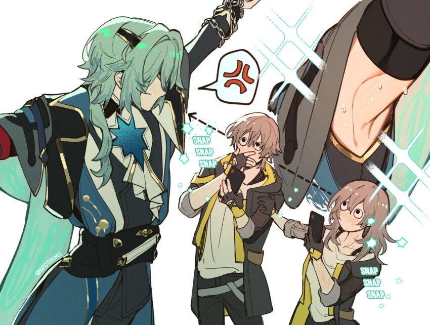 1girl 2boys anaxa_(honkai:_star_rail) ancient_greek_clothes anger_vein annoyed aqua_hair armpits arms_up arrow_(symbol) artist_name ascot belt bishie_sparkle black_belt black_coat black_eyes black_gloves black_jacket black_pants black_vest blue_coat breasts caelus_(honkai:_star_rail) cellphone chain coat collarbone commentary covering_own_mouth cowboy_shot dual_persona english_commentary eyepatch faceless faceless_male fingerless_gloves gloves greco-roman_clothes grey_hair hair_between_eyes hand_on_own_face hands_up highres holding holding_phone honkai:_star_rail honkai_(series) hood hooded_coat jacket lapels long_hair long_sleeves looking_at_another low_ponytail medium_breasts moji00x00x multiple_boys no_mouth open_clothes open_coat open_jacket pants phone ponytail shirt short_hair simple_background smartphone sparkle speech_bubble spoken_anger_vein standing stelle_(honkai:_star_rail) sweat t-shirt taking_picture trailblazer_(honkai:_star_rail) two-sided_coat two-sided_fabric vest white_ascot white_background white_shirt yellow_coat