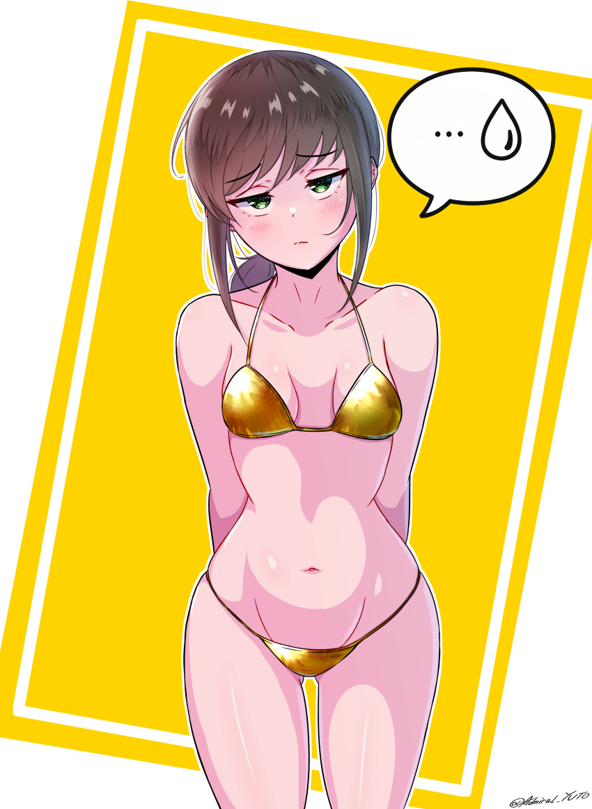 ... 1girl absurdres alternate_costume bikini breasts brown_hair fubuki_(kancolle) gold_bikini golden_week green_eyes highres kantai_collection looking_at_viewer low_ponytail navel ponytail short_hair short_ponytail sidelocks small_breasts solo speech_bubble spoken_ellipsis spoken_sweatdrop sweatdrop swimsuit yoko_hata