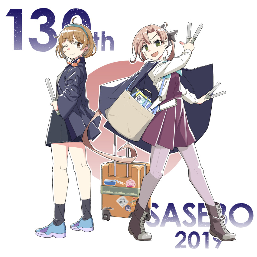 2019 2girls :d ;) akigumo_(kancolle) animal animal_on_shoulder bandaid bandaid_on_face black_legwear black_skirt blue_footwear blue_hairband boots bow bowtie brown_footwear brown_hair crab dress full_body green_eyes hair_ribbon hairband happi highres japanese_clothes kantai_collection kazh_(kazu) lace-up_boots looking_at_viewer multiple_girls oboro_(kancolle) one_eye_closed open_mouth pantyhose pleated_dress ponytail purple_dress purple_legwear ribbon school_uniform shoes short_hair skirt smile sneakers socks suitcase