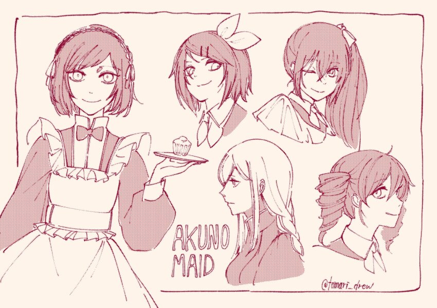 1boy 4girls :3 akita_neru akujiki_musume_conchita_(vocaloid) apron arte_(evillious_nendaiki) ascot behemo_barisol bow bowtie braid brioche chartette_langley crossdressing drill_hair evil_smile evillious_nendaiki frilled_apron frills from_side hair_bow hair_ribbon highres holding holding_plate kagamine_rin kasane_teto long_hair looking_at_viewer maid_apron maid_day maid_headdress mariam_phutapie medium_hair miriam_(vocaloid) monochrome mother_and_daughter multiple_girls ney_phutapie one_eye_closed plate profile ribbon short_hair side_ponytail sidelocks sketch smile smirk tomari_drew trap twin_drills twitter_username very_long_hair vocaloid