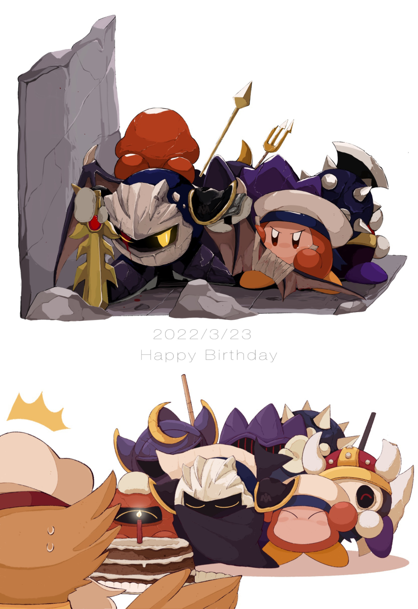 93mai absurdres armor axe axe_knight_(kirby) bandages bat_wings blood blood_on_face cake candle captain_vul dated food galaxia_(sword) happy_birthday hat highres holding holding_axe holding_sword holding_weapon horns javelin_(spear) javelin_knight kirby_(series) kirby_super_star mace_knight mask meta_knight nintendo pauldrons polearm sailor_hat sailor_waddle_dee shoulder_armor skull surprised sweat sword trident trident_knight weapon wings yellow_eyes