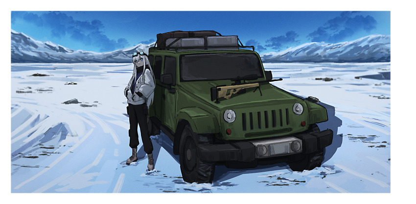 1girl black_pants blue_eyes blue_sky boots car cloud commentary commission day english_commentary eyewear_on_head gun hands_in_pockets highres jacket jeep_(company) jeep_wrangler long_hair lumirumi motor_vehicle mountainous_horizon original outdoors pants rifle scenery shadow sky sniper_rifle snow solo sports_utility_vehicle standing vehicle_focus weapon white_hair white_jacket wide_shot