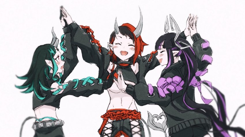 3girls asymmetrical_gloves black_gloves black_hair black_jacket black_nails black_pants black_skirt black_sports_bra blue_hair blue_panties blunt_bangs blush breasts chain closed_eyes clothing_cutout commentary_request cowboy_shot cropped_jacket cross-laced_clothes cross-laced_pants cross-laced_sleeves demon_girl demon_horns demon_tail ear_chain ear_piercing fang gin_(tttetu123) gloves high_five highleg highleg_panties highres horns jacket kojo_anna kojo_anna_(1st_costume) large_breasts linked_piercing long_hair long_sleeves midriff multicolored_hair multiple_girls nail_polish nanashi_inc. navel open_clothes open_jacket open_mouth panties pants partially_fingerless_gloves piercing pointy_ears purple_hair red_eyes red_hair red_pants red_sports_bra ryugasaki_rene shishio_chris short_hair shoulder_cutout simple_background skirt smile sports_bra sugar_lyric tail twintails two-tone_hair two-tone_pants underboob underwear virtual_youtuber white_background