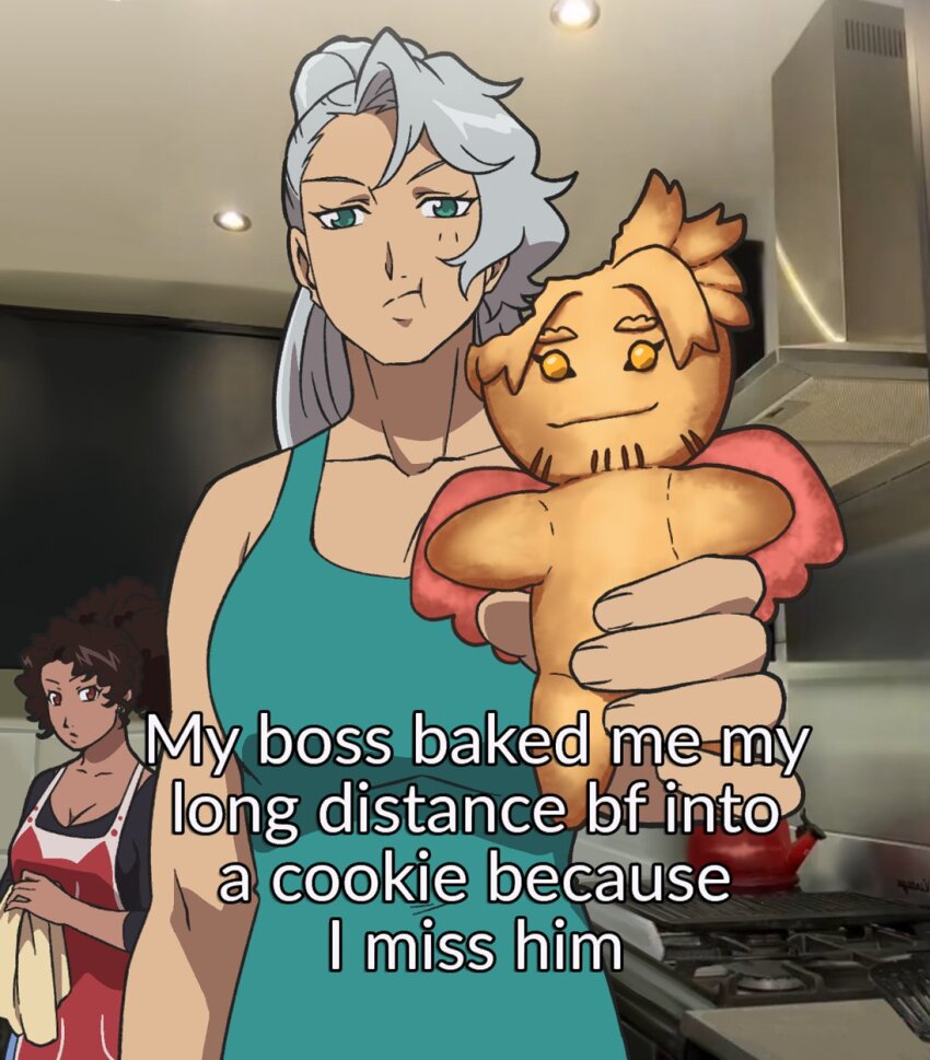 2girls apron aqua_tank_top baking_my_long_distance_bf_into_a_cookie_because_i_miss_him_(meme) breasts brown_hair cleavage commentary cookie dark-skinned_female dark_skin earrings english_text food frown gingerbread_man green_eyes grey_hair highres holding holding_cookie holding_food holding_towel jewelry large_breasts meme multiple_girls novanoah original photo_background ponytail pout red_eyes subtitled tank_top towel