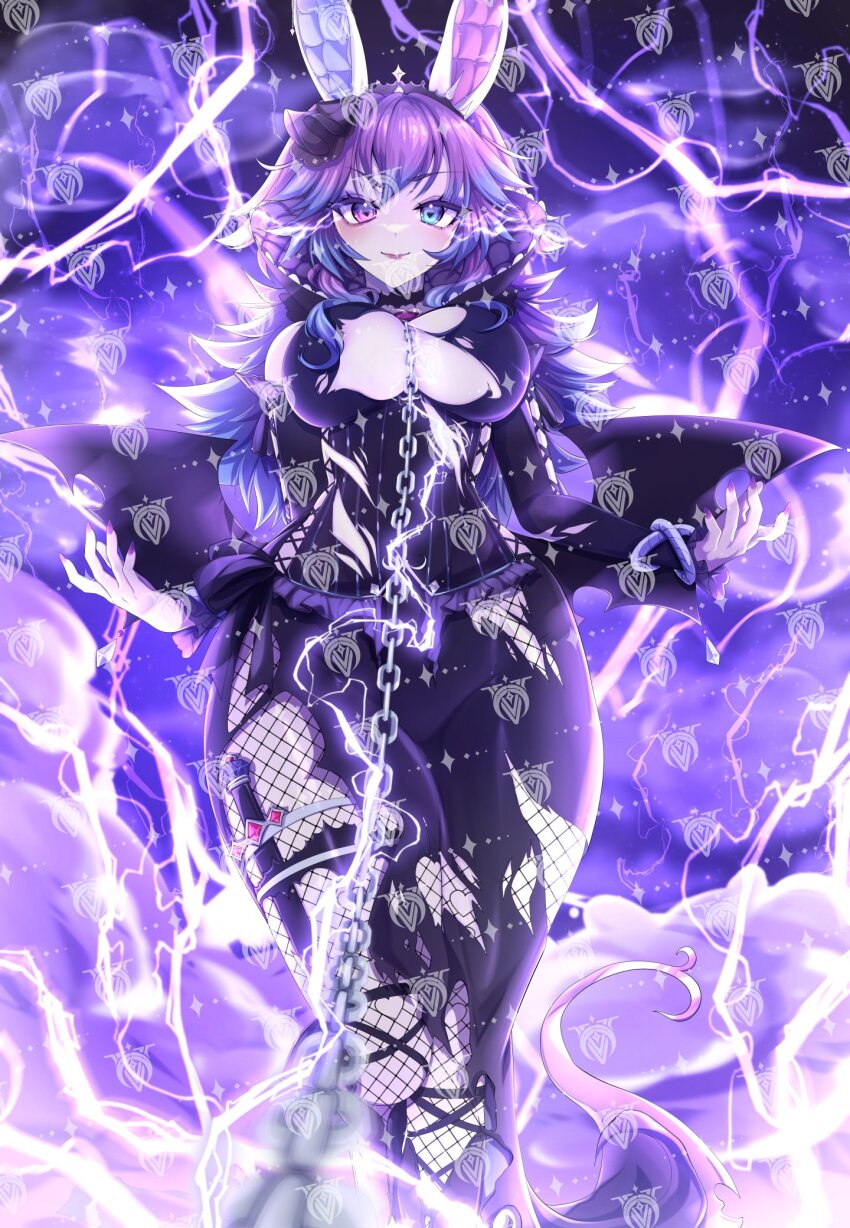 1girl alfyria animal_ear_hairband animal_ears black_dress black_tiara breasts brooch cleavage colored_skin commentary cottontail_(vtuber) demon_girl demon_wings dress fake_animal_ears fishnet_pantyhose fishnets hairband heterochromia highres indie_virtual_youtuber jewelry large_breasts leash lightning_background lips long_dress long_hair looking_at_viewer messy_hair official_art pale_skin pantyhose purple_hair purple_lightning purple_lips rabbit_ear_hairband rabbit_ears ribbon_legwear side_slit solo standing tiara torn_clothes torn_dress viewer_holding_leash virtual_youtuber watermark watermark_grid whip wings