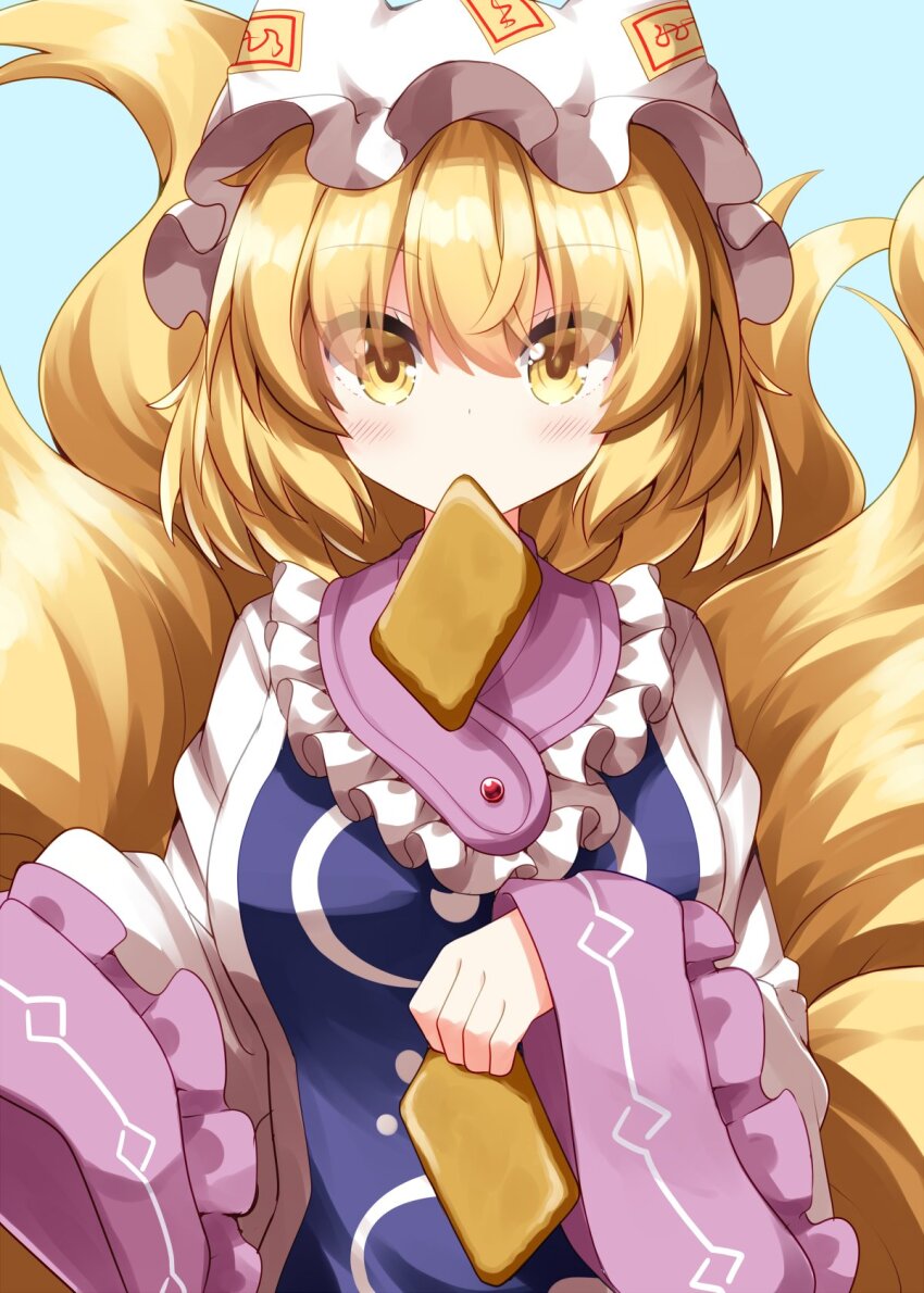 1girl animal_ears blonde_hair blue_tabard blush closed_mouth commentary_request dress fox_ears fox_girl fox_tail hat highres kitsune long_sleeves looking_at_viewer multiple_tails ruu_(tksymkw) short_hair solo tabard tail touhou upper_body white_dress white_hat wide_sleeves yakumo_ran yellow_eyes