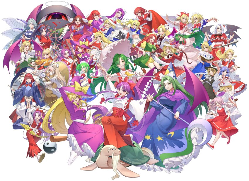 1boy 1girl 5girls 6+girls alice_margatroid alice_margatroid_(pc-98) angel_wings animal animal_on_shoulder animal_print apron arm_up asakura_rikako ascot barefoot bat_wings beard black_footwear black_hair black_headwear black_pants black_pantyhose black_skirt black_vest blonde_hair blood blood_on_face bloody_knife blue_dress blue_eyes blue_footwear blue_hair blue_hairband blue_headwear blue_sailor_collar blue_shirt blue_skirt blush book boots bow bowtie braid breasts brown_eyes brown_footwear brown_hair butterfly_print buttons cape capelet cat character_name clenched_hand clock closed_eyes coat collared_shirt copyright_name crescent crescent_hat_ornament crescent_print cuffs cup curly_hair detached_sleeves double_v dress dual_wielding elbow_gloves electricity elis_(touhou) ellen_(touhou) elly_(touhou) energy_ball evil_eye_sigma ex-rika eyeball facial_hair facial_mark fangs feathered_wings flip-flops floral_print flower frilled_apron frilled_ascot frilled_capelet frilled_dress frilled_skirt frilled_sleeves frilled_umbrella frills full_body gengetsu_(touhou) genjii_(touhou) ghost_tail glasses gloves gohei green_eyes green_hair green_skirt green_vest grey_eyes grey_hair grid grid_background grimoire grimoire_of_alice grin guumin hair_between_eyes hair_bobbles hair_bow hair_ornament hair_over_one_eye hair_ribbon hair_tubes hairband hakama hakurei_reimu hakurei_reimu_(pc-98) halo handcuffs hat hat_bow hat_ornament hat_ribbon head_down headband headdress high_heel_boots high_heels high_ponytail highly_responsive_to_prayers highres holding holding_cup holding_handcuffs holding_knife holding_mop holding_orb holding_sword holding_wand holding_weapon horns index_fingers_raised japanese_clothes jewelry juliet_sleeves jumping kana_anaberal kariginu katana kazami_yuuka kazami_yuuka_(pc-98) kikuri_(touhou) kimono kirisame_marisa kirisame_marisa_(pc-98) kitashirakawa_chiyuri knife konngara_(touhou) kotohime_(touhou) kurumi_(touhou) lab_coat large_breasts layered_clothes layered_kimono leg_up long_hair long_skirt long_sleeves looking_afar looking_up louise_(touhou) mai_(touhou) maid maid_apron maid_headdress mary_janes meira_(touhou) miko mima_(touhou) mimi-chan mop mugetsu_(touhou) multiple_girls multiple_wings neck_ribbon neckerchief necktie nightcap nightgown no_shoes no_socks ofuda okazaki_yumemi oonusa open_clothes open_mouth open_skirt orange_(touhou) orb pajamas pants pantyhose parasol pet phantasmagoria_of_dim.dream pink_eyes pink_hair pink_pajamas plaid_clothes plaid_pants plaid_vest pointy_ears ponytail puffy_short_sleeves puffy_sleeves purple_cape purple_dress purple_eyes purple_hair purple_headwear purple_kimono purple_wings red_bow red_bowtie red_cape red_capelet red_dress red_eyes red_footwear red_hair red_hairband red_neckerchief red_necktie red_pants red_ribbon red_skirt red_vest ribbon ribbon_trim rika_(touhou) road_sign round_eyewear ruukoto sailor_collar sailor_dress sailor_shirt sakazuki sandals sara_(touhou) sariel_(touhou) school_uniform scythe sharp_teeth shingyoku_(female) shingyoku_(male) shingyoku_(touhou) shinki_(touhou) shirt shoes short_hair short_sleeves shorts sign single_horn sitting skirt skirt_hold skirt_set sleeveless sleeveless_kimono smile socks sokrates_(touhou) star_(symbol) star_print star_wand story_of_eastern_wonderland suspenders sword tabi tate_eboshi teeth thick_eyebrows torn_clothes touhou touhou_(pc-98) turtle turtleneck twin_braids twintails twirl_baton umbrella v very_long_hair vest waist_apron waist_bow wand warped weapon white_apron white_bow white_bowtie white_cat white_coat white_dress white_flower white_footwear white_gloves white_hair white_headwear white_kimono white_pantyhose white_ribbon white_shirt white_socks white_wings wide_sleeves wings witch_hat yellow_bow yellow_dress yellow_eyes yellow_kimono yellow_necktie yellow_shirt yellow_shorts yin_yang yin_yang_orb yuki_(touhou) yumeko_(touhou) yuugenmagan zouri