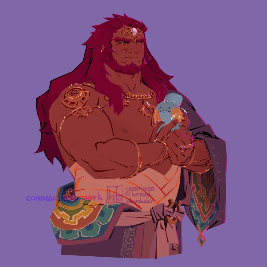 1boy affectionate bara beard bow commentary cropped_legs crossover dark_skin earrings english_commentary facial_hair frown full_beard ganondorf gen_3_pokemon highres jewelry kurdupl large_pectorals long_hair male_focus mature_male mudkip muscular muscular_male nintendo nipples pectorals pointy_ears pokemon pokemon_(creature) purple_bow red_hair rehydrated_ganondorf standing the_legend_of_zelda the_legend_of_zelda:_tears_of_the_kingdom thick_beard thick_eyebrows