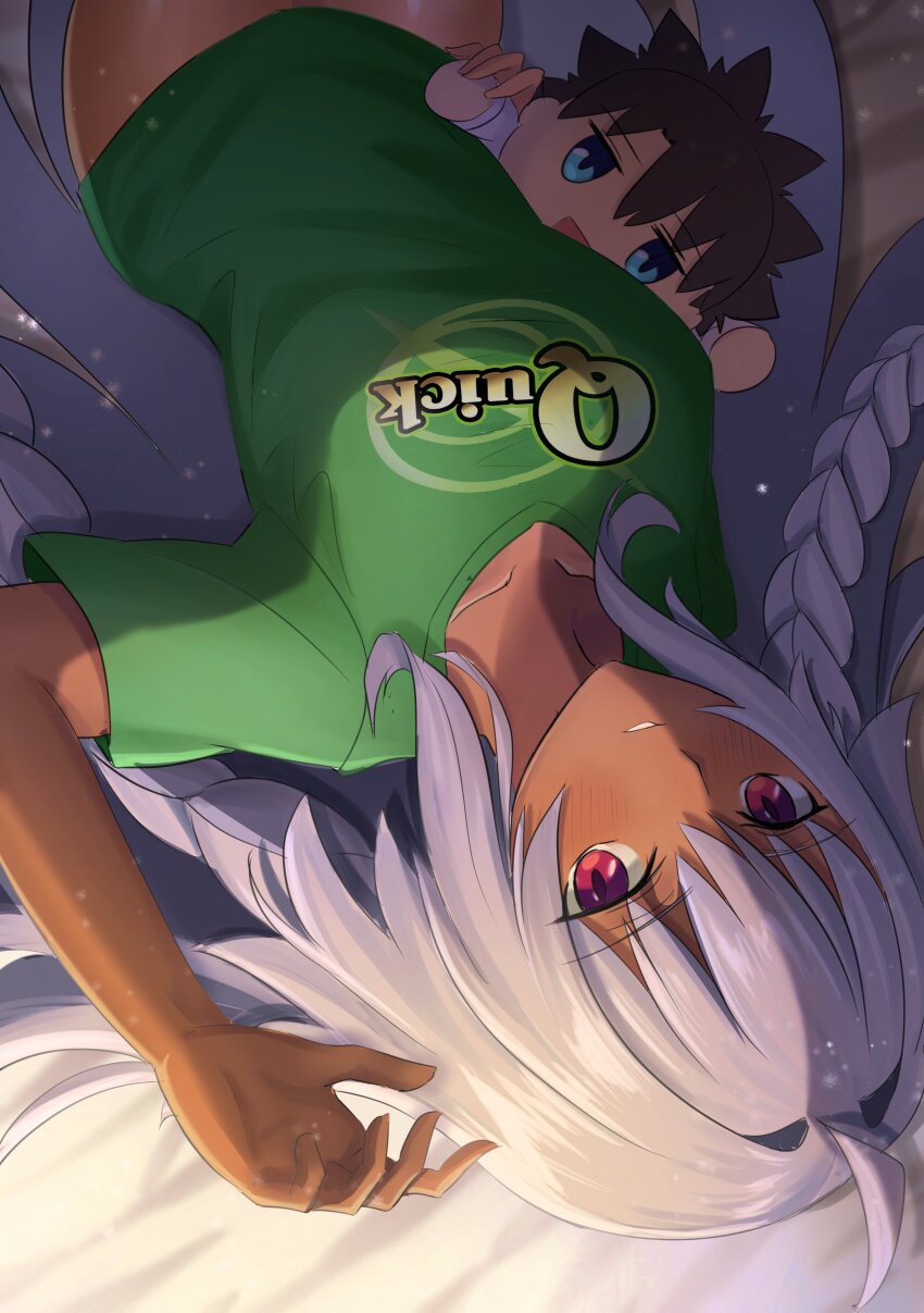 1girl absurdres ahoge braid character_doll dark-skinned_female dark_skin doll fate/grand_order fate_(series) fujimaru_ritsuka_(male) green_shirt hair_between_eyes highres lakshmibai_(fate) long_hair longdq3008 looking_at_viewer quick_shirt red_eyes shirt side_braids t-shirt twin_braids very_long_hair white_hair