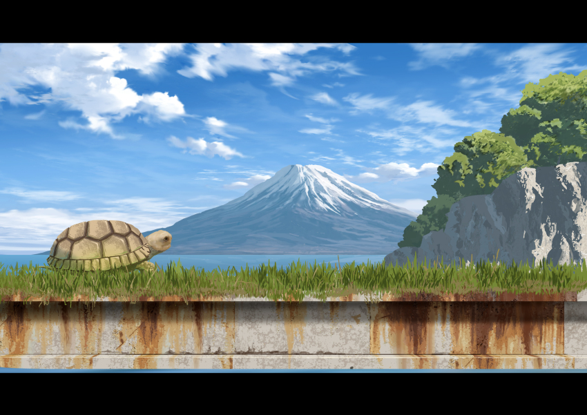 abandoned absurdres blue_sky cliff cloud cloudy_sky day grass highres lake landscape mount_fuji original outdoors overgrown rust scenery sky steel_beam sumassha_t_t turtle