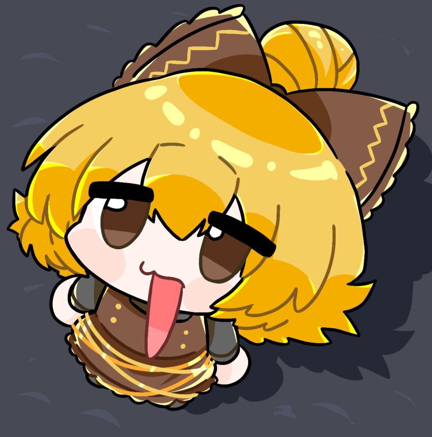 1girl black_shirt blonde_hair bow brown_bow brown_dress brown_eyes chibi dress full_body hair_bow hair_bun highres kurodani_yamame long_sleeves mouth_outside_face open_mouth ponytail priswocaer shadow shirt short_hair solo standing touhou