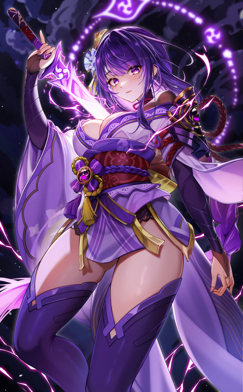 1girl absurdres arm_up braid breasts bridal_gauntlets chen_ying_(alan-yut) cleavage commentary_request electricity feet_out_of_frame genshin_impact highres human_scabbard japanese_clothes kimono large_breasts long_hair looking_at_viewer low-braided_long_hair low-tied_long_hair medium_breasts mitsudomoe_(shape) mole mole_under_eye musou_isshin_(genshin_impact) obiage obijime parted_lips pink_nails purple_eyes purple_hair purple_kimono purple_thighhighs raiden_shogun solo thighhighs tomoe_(symbol) very_long_hair
