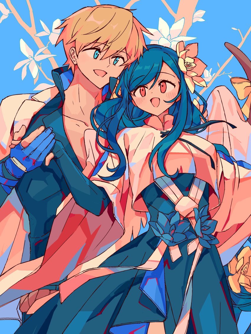 1boy 1girl absurdres black_gloves blonde_hair blue_eyes blue_gloves blush braid braided_ponytail collarbone couple crop_top dizzy_(guilty_gear) dress fingerless_gloves flower gloves guilty_gear guilty_gear_strive hair_between_eyes hair_ornament highres holding_hands husband_and_wife jacket jacket_on_shoulders ktknpdy ky_kiske partially_fingerless_gloves ponytail queen_dizzy red_eyes ribbon short_hair swept_bangs tail tail_ornament tail_ribbon white_jacket wide_sleeves yellow_ribbon