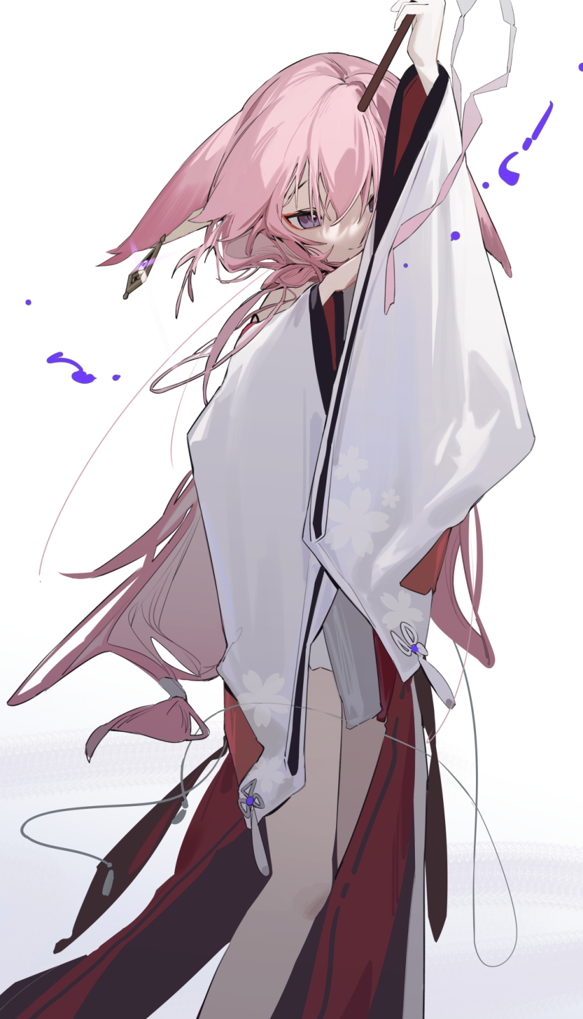 1girl aged_down animal_ears closed_mouth commentary dress electricity feet_out_of_frame floppy_ears fox_ears fox_girl genshin_impact gohei highres knot long_hair long_sleeves looking_at_viewer mzgr3454 pink_hair purple_eyes shide shorts sidelocks solo symbol-only_commentary tassel very_long_hair white_background white_dress white_shorts wide_sleeves yae_miko