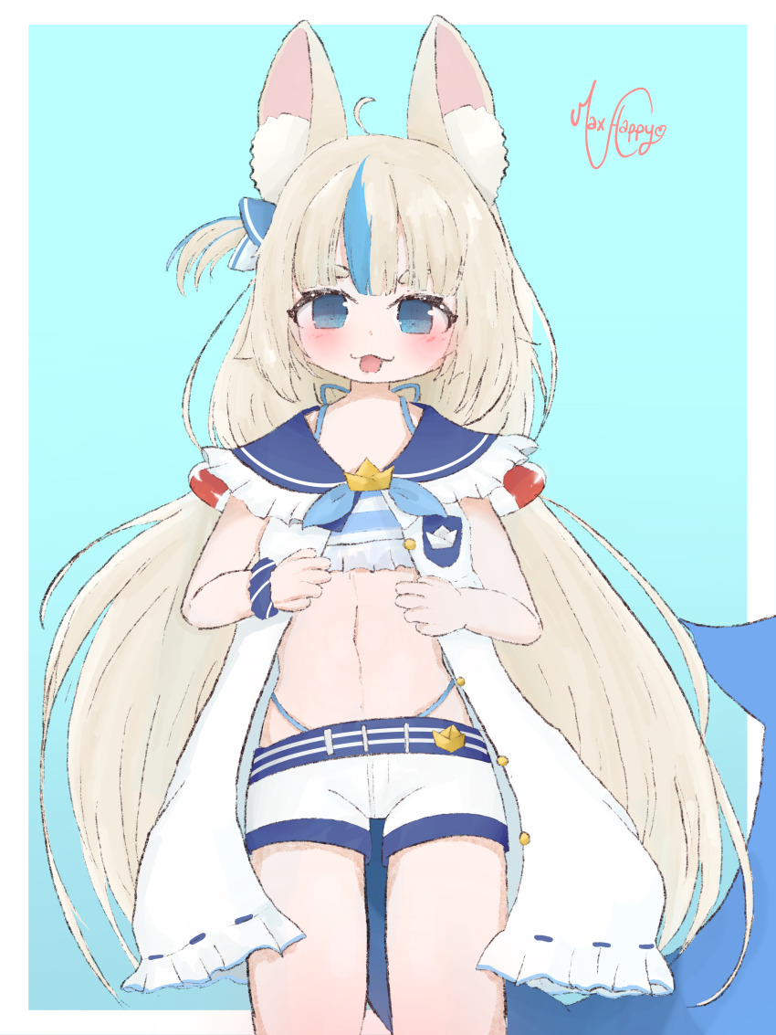 1girl absurdres animal_ear_fluff animal_ears blonde_hair blue_eyes blue_streaks cat_ears dress fins fish_girl fish_tail highres indie_virtual_youtuber long_hair looking_at_viewer low_twintails maxhappy multicolored_hair navel sameko_saba solo streaked_hair tail twintails very_long_hair virtual_youtuber white_dress