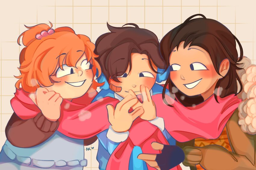 1boy 2girls :d \||/ bandaid bandaid_on_face black_eyes black_gloves blue_coat blue_overalls blush brown_hair brown_sweater clenched_hand coat commissioner_insert fingerless_gloves gloves grid_background grin hair_bun hair_slicked_back hand_on_own_face highres main_character_(our_life) multiple_girls nobi33ka open_mouth orange_hair orange_sweater our_life our_life:_now_and_forever outstretched_hand overalls qiu_lin_(our_life) red_scarf scarf shared_clothes shared_scarf smile sweater swept_bangs tamarack_baumann