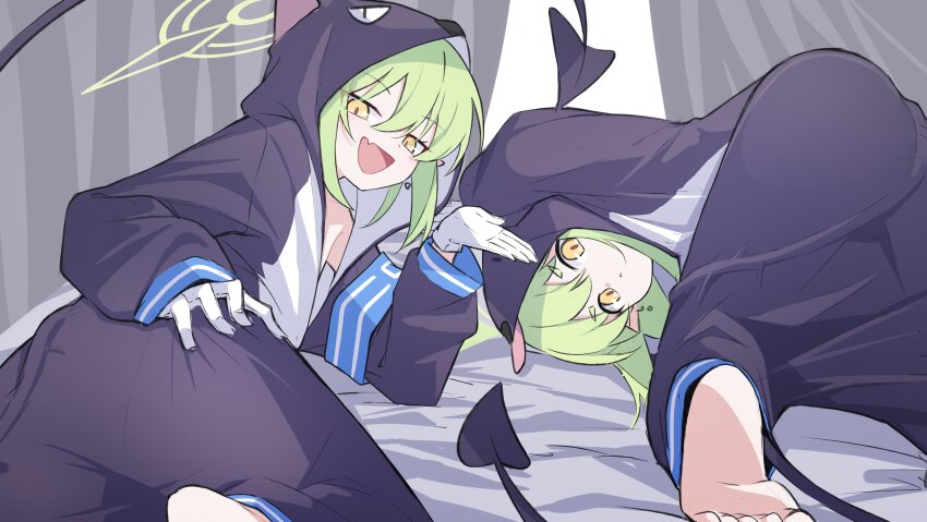 2girls absurdres alternate_costume animal_hood armband ass ass_focus barefoot blue_archive curtains demon_tail gloves green_halo halo highres hikari_(blue_archive) hood hoodie light_smile long_hair looking_at_viewer lying mmhomm multiple_girls nozomi_(blue_archive) on_bed pajamas tail twitter white_gloves