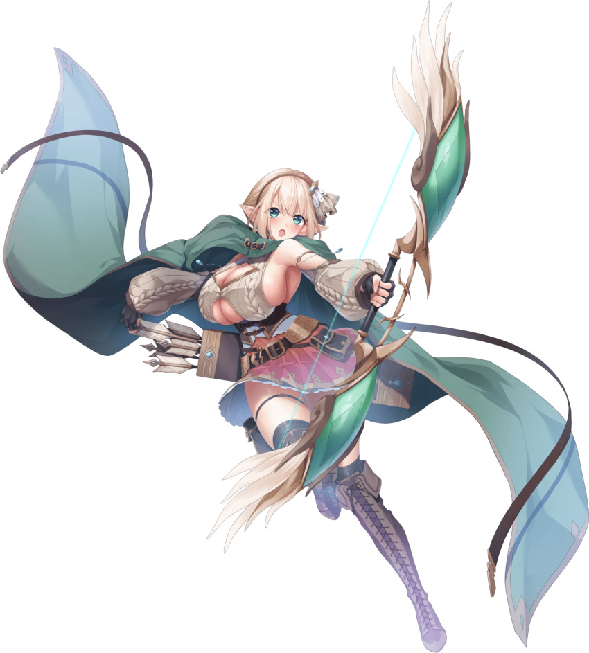 arrow_(projectile) blonde_hair bow_(weapon) breasts cape detached_sleeves elf gloves green_eyes highres huge_breasts koikawa_minoru kyonyuu_fantasy_burst meinius_(kyonyuu_fantasy_burst) official_art pointy_ears quiver short_hair weapon