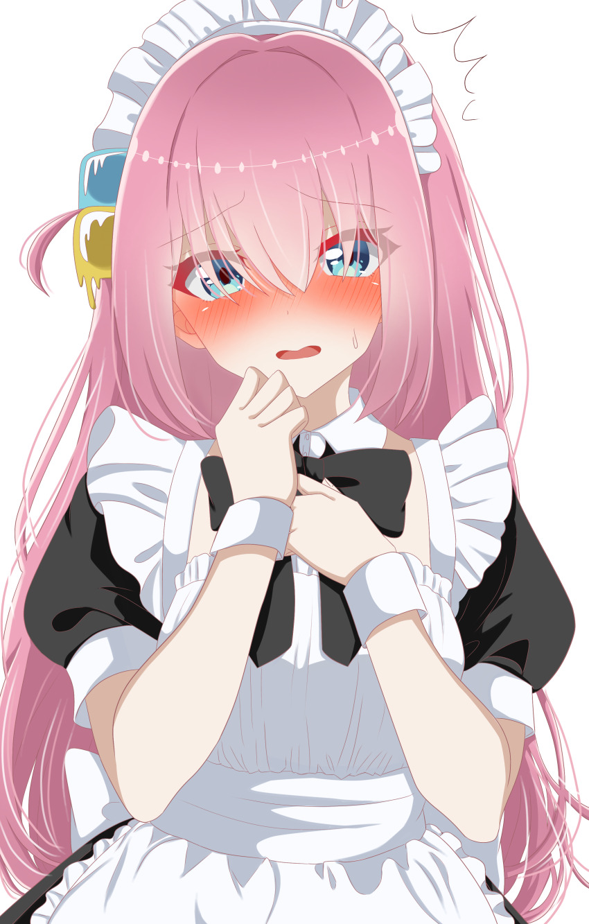 1girl ^^^ absurdres apron black_dress blue_eyes blush bocchi_the_rock! commentary_request cube_hair_ornament dress ear_blush embarrassed eyes_visible_through_hair frilled_apron frills gotoh_hitori gradient_background hair_intakes hair_ornament hair_over_eyes hands_up highres hrtahm long_bangs long_hair looking_at_viewer maid maid_apron maid_headdress melting nose_blush open_mouth pink_hair puffy_short_sleeves puffy_sleeves raised_inner_eyebrows short_sleeves solo standing straight-on straight_hair sweatdrop upper_body very_long_hair wavy_mouth white_apron white_background white_wrist_cuffs wispy_bangs wrist_cuffs