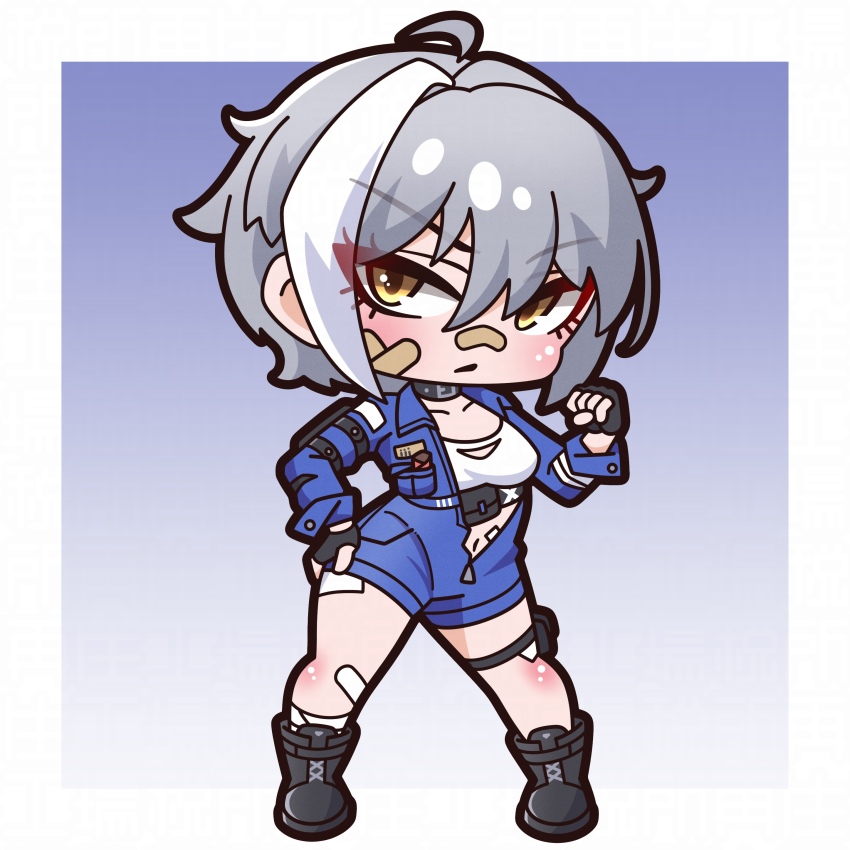 1girl absurdres ahoge bandaged_leg bandages bandaid bandaid_on_knee bandaid_on_leg black_boots black_gloves blue_jumpsuit blush boots breasts brown_eyes chibi clenched_hand closed_mouth commentary_request fingerless_gloves full_body gloves goddess_of_victory:_nikke grey_hair hair_between_eyes hand_on_own_hip hand_up highres jumpsuit long_sleeves looking_at_viewer medium_breasts mori_(nikke) multicolored_hair navel saishosaisekojo short_jumpsuit solo standing streaked_hair thigh_strap tomboy v-shaped_eyebrows white_hair
