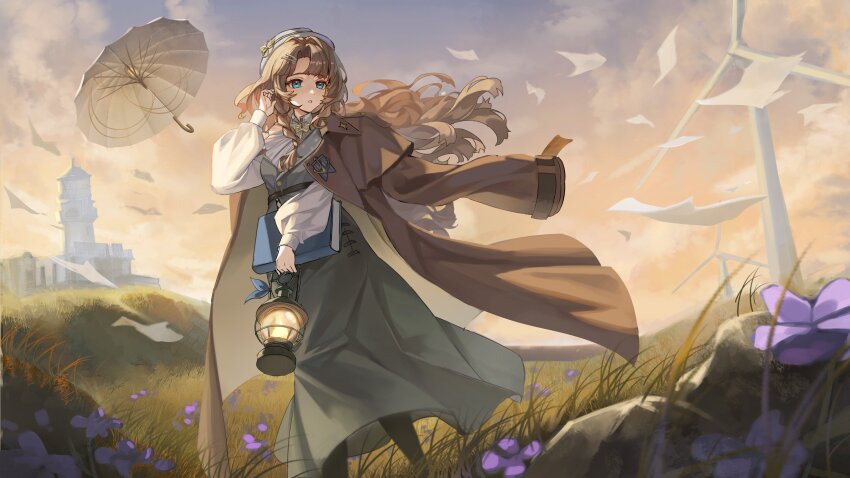1girl :o absurdres alternate_costume blue_eyes book brown_coat brown_hair cloud cloudy_sky coat coat_on_shoulders dress equilibrium_umbrella evening feet_out_of_frame floating_hair flower flying_paper gradient_sky grass grey_dress hand_up hat highres hill holding holding_book holding_lantern lantern lighthouse long_dress long_hair long_sleeves looking_to_the_side marcus_(reverse:1999) orange_sky outdoors paper puffy_long_sleeves puffy_sleeves purple_flower purple_sky reverse:1999 rock shirt sky solo umbrella walking wamel_(didwatermelon41) white_hat white_shirt wind_turbine windmill