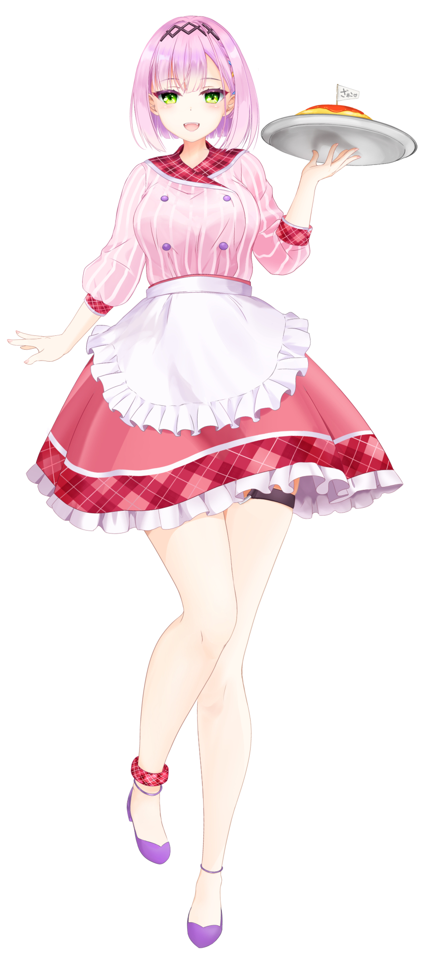 1girl :d absurdres ankle_scrunchie apron arm_at_side black_hairband blush bob_cut breasts cafe_stella_to_shinigami_no_chou commentary_request company_connection cosplay eyelashes fangs food foreshortening frilled_apron frills from_below fujita_akane_(voice_actor) full_body green_eyes hair_ornament hairband hairclip hand_up heart high_heels highres holding holding_tray long_sleeves looking_at_viewer medium_breasts nanasan_ichiroku o-ring o-ring_thigh_strap omelet omurice open_mouth pink_hair pink_shirt plaid_clothes plaid_collar plaid_scrunchie puffy_long_sleeves puffy_sleeves pumps purple_footwear red_scrunchie red_skirt scrunchie shiki_natsume shiki_natsume_(cosplay) shirt short_hair skindentation skirt smile solo standing striped_clothes striped_shirt tanikaze_amane teeth tenshi_souzou_re-boot! thigh_strap translated tray tsurime upper_teeth_only vertical-striped_clothes vertical-striped_shirt voice_actor_connection waist_apron waitress white_apron yuzu-soft