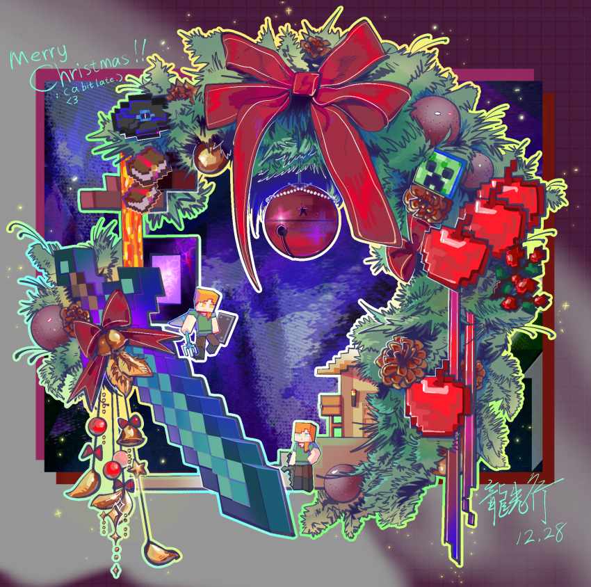 2girls alex_(minecraft) apple bell book bow chinese_commentary christmas christmas_wreath commentary_request creeper food fruit highres house jingle_bell lava merry_christmas minecraft minecraft_(style) minecraft_shield minecraft_sword mini_person minigirl multiple_girls music_disc_(minecraft) nether_portal object_focus official_style pinecone polearm red_bow shield sweet_berries_(minecraft) sword trident vinyl_record weapon wreath yizhiyeuvelo
